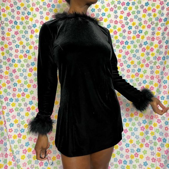 Vintage sexy velvet black top feathers medium mini dress - Picture 2 of 6